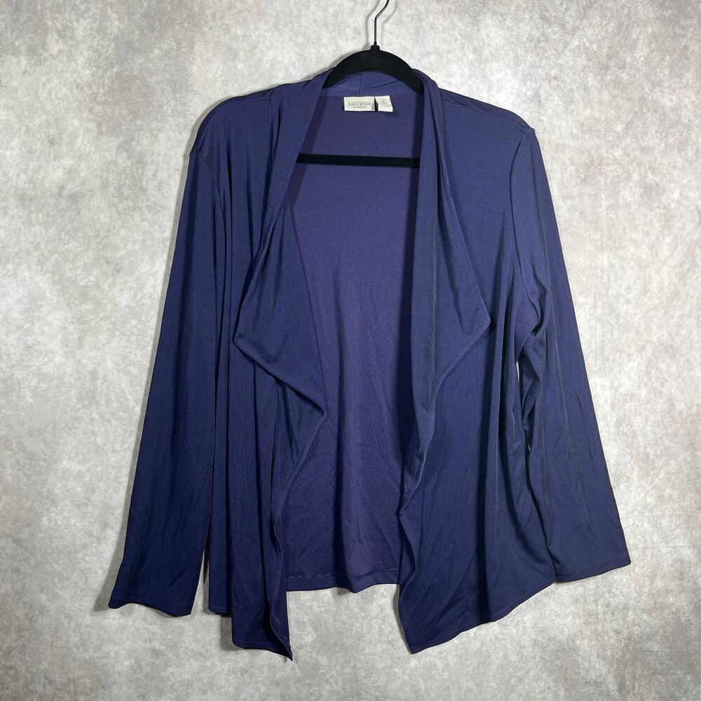 Chico's Easywear Cardigan Sweater Size 2 US Large Blue Liquid Knit Open Front